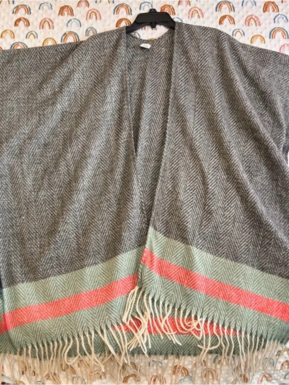 Just Jamie Gray Herringbone Cardigan with Mint and Coral Stripes